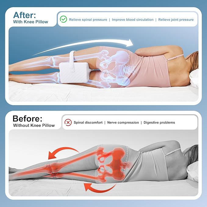 Knee Pillow for Side Sleepers, Leg Pillow for Sciatica, Back, HIPS, Knees, Joints Pain Relief,Pillows for Between Legs While Sleeping Spine Alignment Support & Relieves Pressure,Basic Strap,White