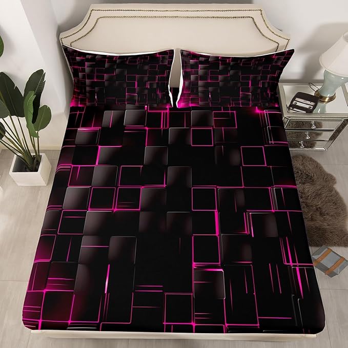 Manfei Abstract Sheet Set Twin Size, Modern Geometric Square Grid Bed Sheet Set 3pcs with Deep Pocket Fitted Sheet + Flat Sheet + 1 Pillowcase, Rose and Black Bedding Set for Kids Boys Girls Adults