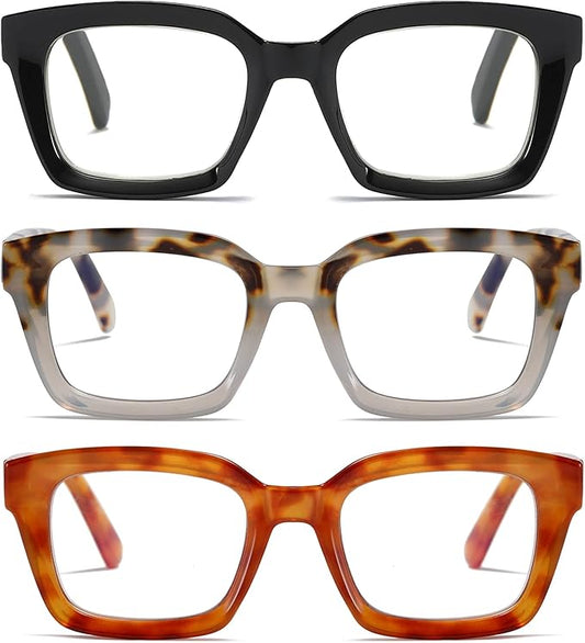 3 Pack Oversize Square Design Reading Glasses for Women, Blue Light Blocking Computer Reader（Black & Gray & Yellow Leopard+1.25）