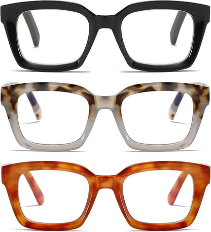3 Pack Oversize Square Design Reading Glasses for Women, Blue Light Blocking Computer Reader（Black & Gray & Yellow Leopard+1.50）