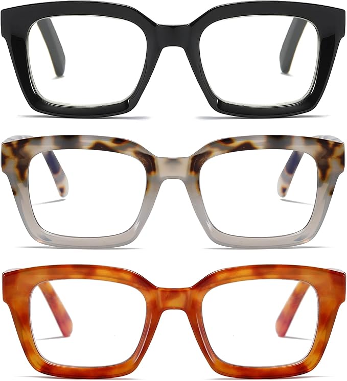 3 Pack Oversize Square Design Reading Glasses for Women, Blue Light Blocking Computer Reader（Black & Gray & Yellow Leopard+1.00）