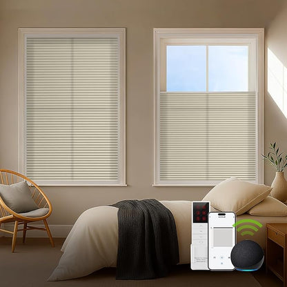 ZSTARR Motorized Skylight Shades Blackout Cellular Honeycomb Electric Blinds with Solar Panel Cordless Rechargeable with Remote for Roof and Slanted Windows Custom Size (LF Light Khaki)
