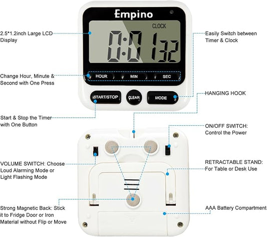 Digital Kitchen Timer - Empino Upgraded 24-Hours Cooking Timer Clock Countdown Multifunction with Big Digits, Loud Alarm, Magnetic Backing Stand, and Memory for Cooking Baking Exercise, White