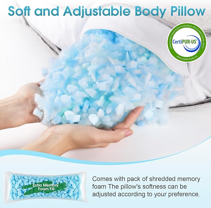 Body Pillow, Long Pillow, Memory Foam & C-Shaped for Side Sleeper, Machine Washable Pillowcase, 53”×10”