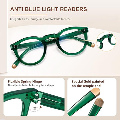 EASY READ Retro Round Blue Light Blocking Reading Glasses for Women,Anti UV Readers for Women with Spring Hinge