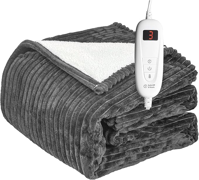 Tefici Heated Electric Blanket Full Size 72"x84" 6 Levels Over-Heat Protection Fast Heating 1/3/6/9 Hours Auto-Off,Heating Blanket Full Size,Soft Flannel to Sherpa ETL&FCC Certified Grey