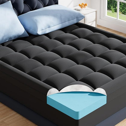 ELEMUSE 3 Inch Dual Layer Memory Foam Mattress Topper King, 2 Inch Cooling Gel Memory Foam Plus 1 Inch Down Alternative Pillowtop Mattress Pad with Cooling Cover,Black