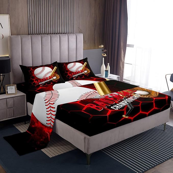 Manfei Baseball Sheet Set King Size, Abstract Geometric Red Honeycomb Bed Sheet Set 4pcs with Deep Pocket Fitted Sheet + Flat Sheet + 2 Pillowcases, Sports Theme Bedding Set for Kids Boys Room Decor