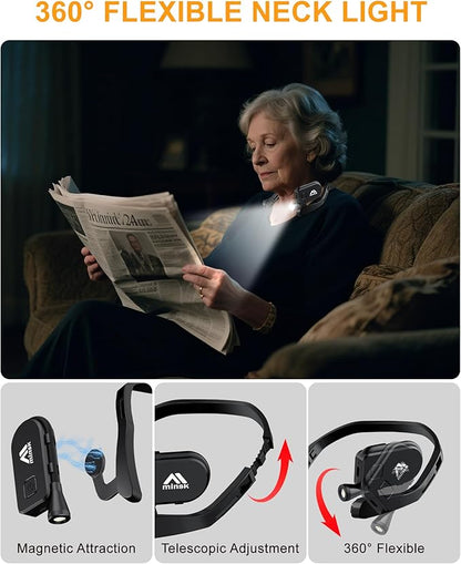 Minsk Neck Light, 360° Flexible Neck Reading Light, Eye Caring 3 Color Stepless Dimming Brightness Book Light, Lightweight Book Reading Light, Neck Light for Reading, Book Lovers Gifts
