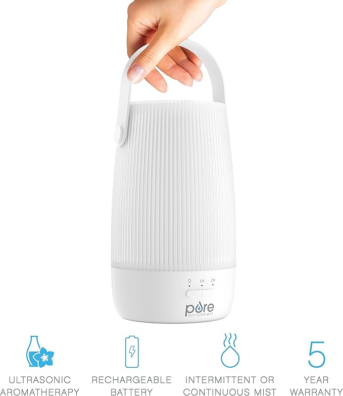 Pure Enrichment PureSpa Zen Cordless Essential Oil Diffuser & Light - Portable Travel-Friendly Aroma Diffuser Lasts 7.5 Hrs, Optional Mood Light, 2 Mist Settings, Optional Timer, & Auto Shut-Off