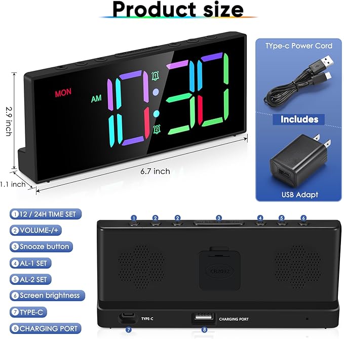 Loud Alarm Clock for Heavy Sleepers, Digital Clocks with Adjustable Volume Brightness,Snooze,Battery Backup, Large Numbers Display RGB Colorful Changing Clock for Bedrooms,Offce Living Rooms
