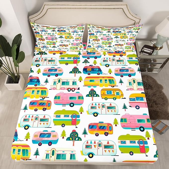 Colorful Camper Truck Kids Fitted Sheet Twin Size,Adventure Camping Rustic Nature Bedding Set,Boys Girls Room Decor,RV Trailer Pine Trees Bed Cover,White Bed Sheet,1 Pillowcase(No Top Sheet)