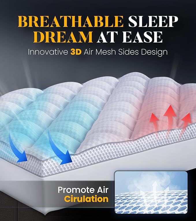 3 Inch Ultra-Fluffy Memory Foam Mattress Topper Queen for Back Pain, Soft Comfy Pillow Top Queen Mattress Topper with 4X Support, Mattress Pad with Breathable Air Mesh Sides, 6-21'' Deep Pocket