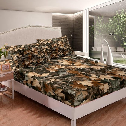 Camoflage Kids Fitted Sheet Full Size,Jungle Woods Fall Leaves Rustic Nature Bedding Set,Boys Girls Room Decor,Hunter Cabin Adventure Camo Bed Cover,Brown Bed Sheet,2 Pillowcases(No Top Sheet)