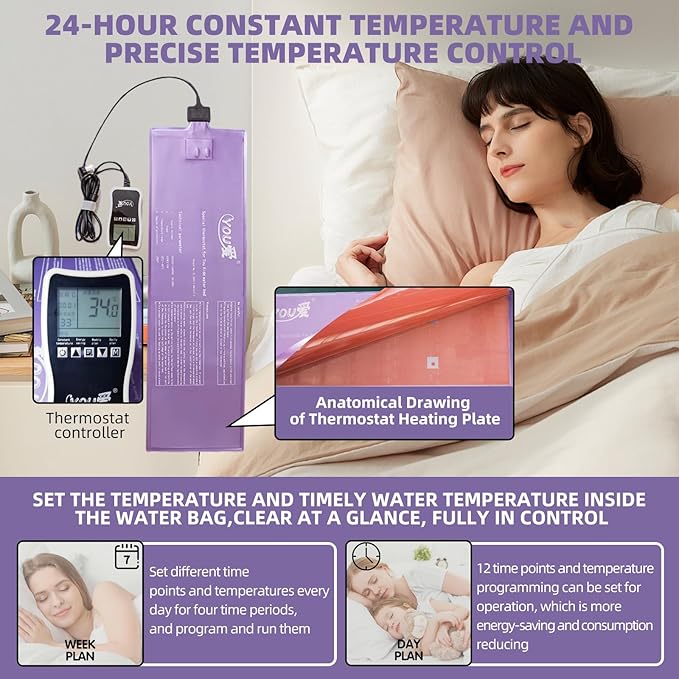 Semi Waveless Water Bed Mattress King Size (76x80 Inches) - Foldable Softside Waterbed with Smart Thermostats & Fill/Drain Kit | Soft Cover for Adults & Kids