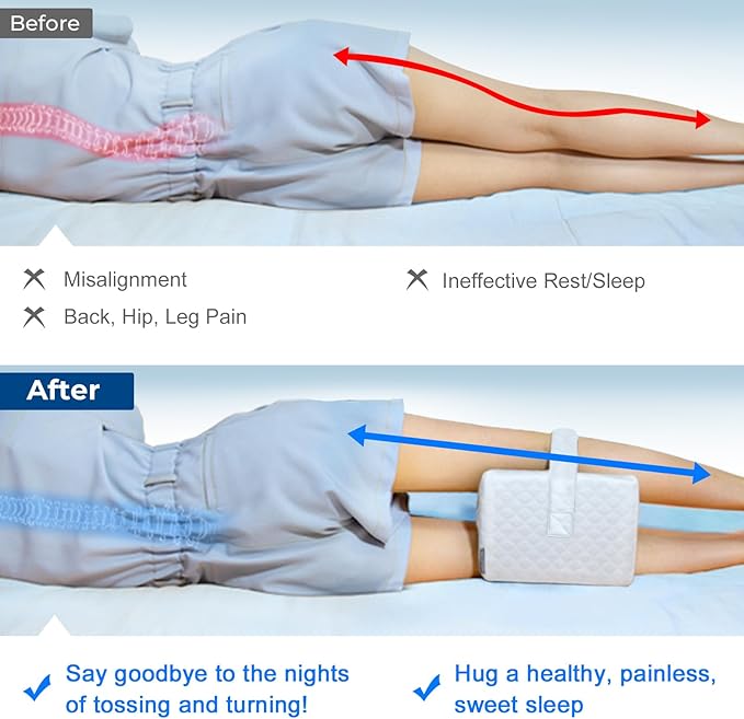 KingPavonini Cooling Knee Pillow for Side Sleepers, Gel Memory Foam Leg Pillows for Side Sleeping with Ice Silk Cover and Strap, Knee Pillow for Back Hip Pain, Spine Aligning, Sciatica, Pregnancy