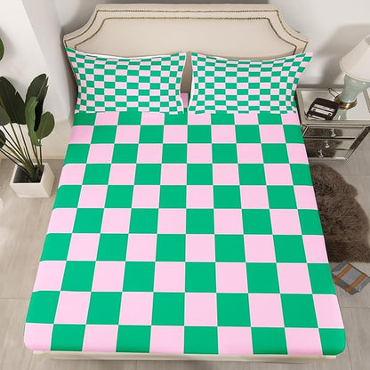 Lattice Kids Full Size Fitted Sheet,Geometric Plaid Patchwork Room Decor,Simple Modern Abstract Boys Girls Bed Sheets,Pink Green Bedding Set,2 Pillowcases(No Flat)