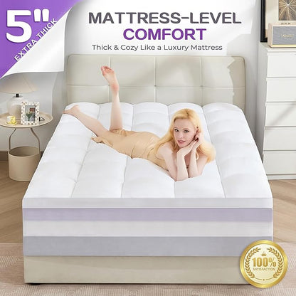 SINWEEK Dual Layer 5 Inch Memory Foam Mattress Topper Queen Size, 3 Inch Gel Memory Foam Plus 2 Inch 1450 GSM Down Alternative Quilted Pillow Top Mattress Pad Cover, White