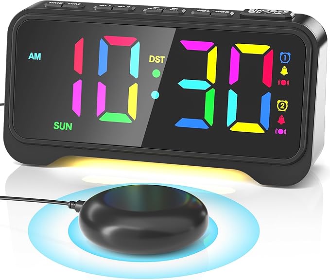 Vibrating Alarm Clock for Heavy Sleepers, Digital Alarm Clock with Bed Shaker, RGB Colorful Changing, Night Light, USB Charger, Dimmable Loud Bedside Desk Clock for kids, Hearing Impaired Deaf, Adults