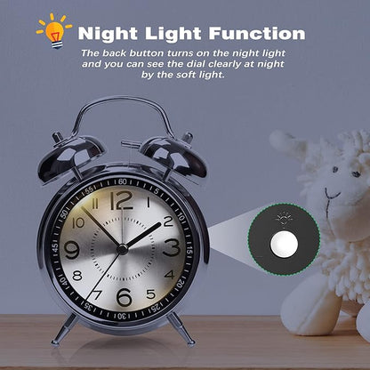 Super Loud Alarm Clock for Heavy Sleepers Adults,Twin Bell Retro 4 Inch Silent Non-Ticking Quartz with Backlight, Metal dial, Alarm Clocks for Bedrooms Bedside (Gray)
