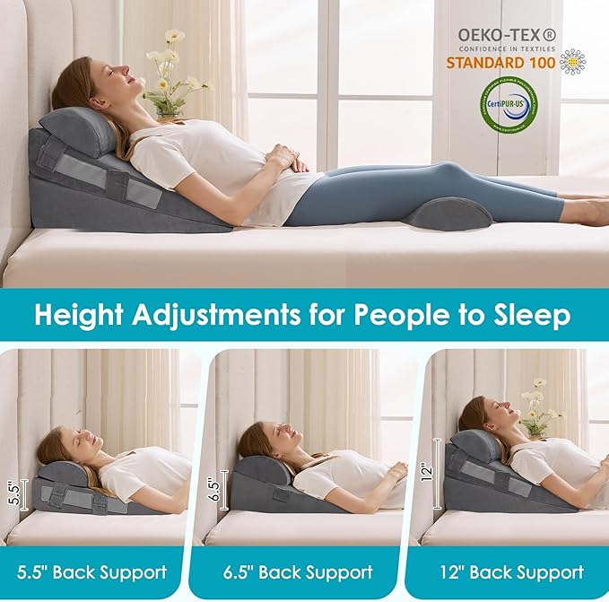 4Pcs Wedge Pillow Set for After Surgery,Acid Reflux Relief, Adjustable Bed Wedge Pillows for Sleeping,Anti Snore, Memory Foam Triangle Pillow for Back&Neck&Shoulder Pain Relief, Plush Grey