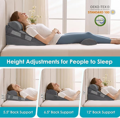 4Pcs Wedge Pillow Set for After Surgery,Acid Reflux Relief, Adjustable Bed Wedge Pillows for Sleeping,Anti Snore, Memory Foam Triangle Pillow for Back&Neck&Shoulder Pain Relief, Plush Grey