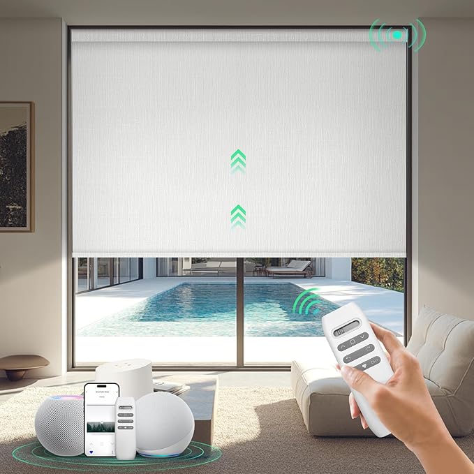 HeyBlinds Motorized Blinds with Remote, 100% Blackout Smart Blinds, Automatic Shades for Windows Compatible with Alexa Google and Homekit, Custom Size(Grace-Perla White BO)