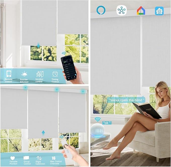 Motorized Blinds with Remote, Smart Roller Shades Compatible with Alexa, Automatic 100% Blackout Blinds Durable Rechargeable Battery Solar Power Customized Size (3-Layer White)
