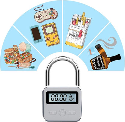 Metal Time Padlock - Time Management Tool Timer 99 Hours Max Timing with LCD Display Micro USB Rechargeable Silver
