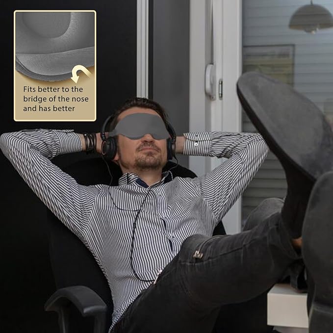 3D Contoured Sleep Mask, Memory Foam, Adjustable Strap, Ergonomic Design for Total Darkness (Grey)
