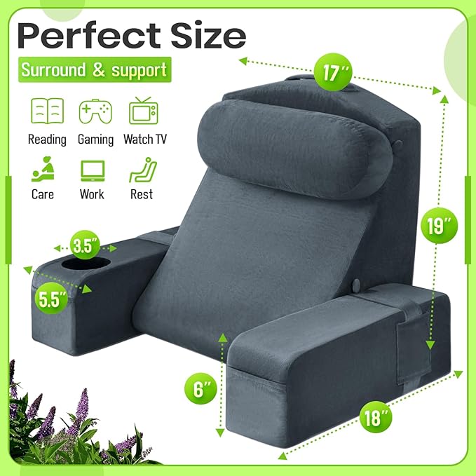 AS AWESLING 19 INCH Reading Pillow for Adults, Back Pillow for Bed Sitting Up, Backrest Pillow for Sitting in Bed, Detachable Arms with Built-in Cup & Phone Caddy (Dark Gray, 19 INCH)