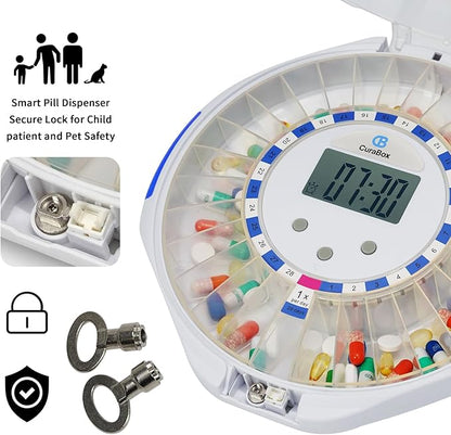 Automatic Pill Dispenser with Bluetooth, 28 Day Medication Organizer Easy-Read LCD Display with Locking Key, Adjustable Sound Alarms for Medication, Vitamins, Supplements