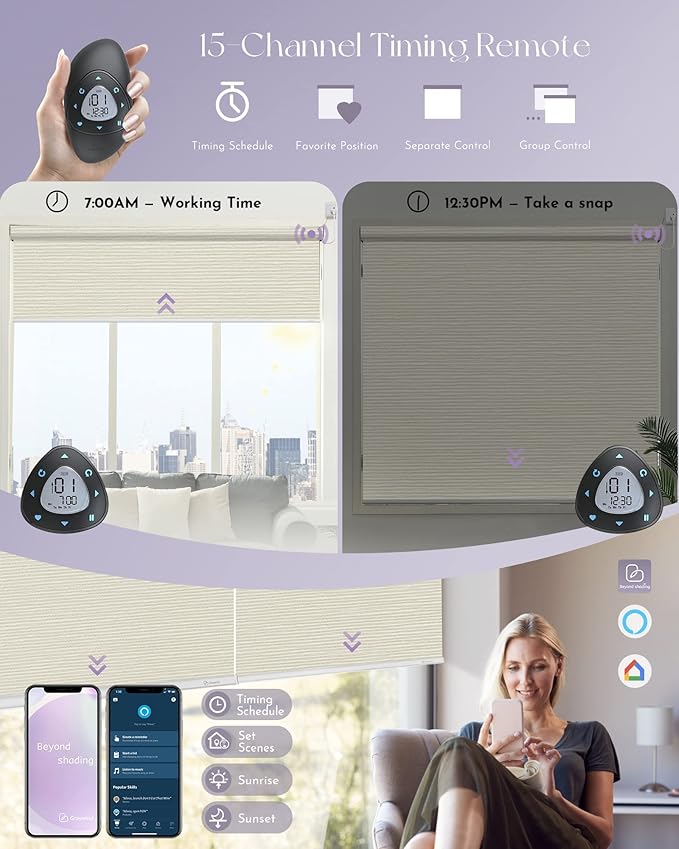 Graywind Smart Blackout Roller Shades Compatible with Alexa Google WiFi Hardwired Textured Gleaming Fabric Motorized Blinds Remote Window Shades, Custom Size (Striped Beige)