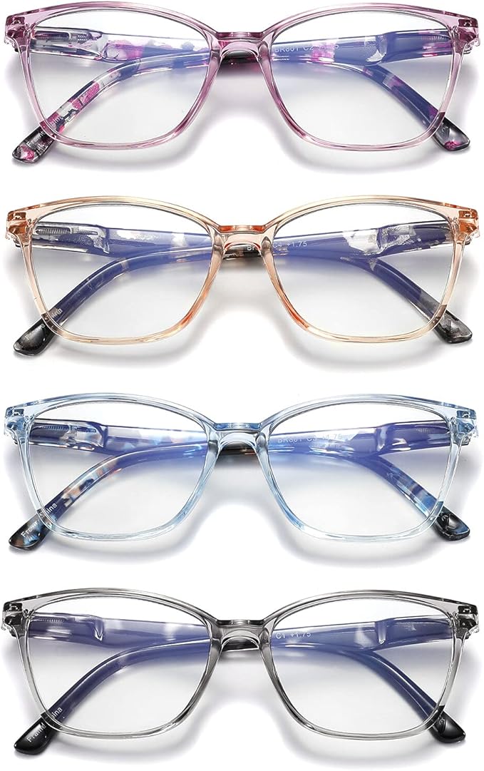 4 Pack Reading Glasses Blue Light Blocking for Women Men,Fashion Square Computer Readers with Spring Hinge,Anti Eyestrain Eyeglasses(2.25x)