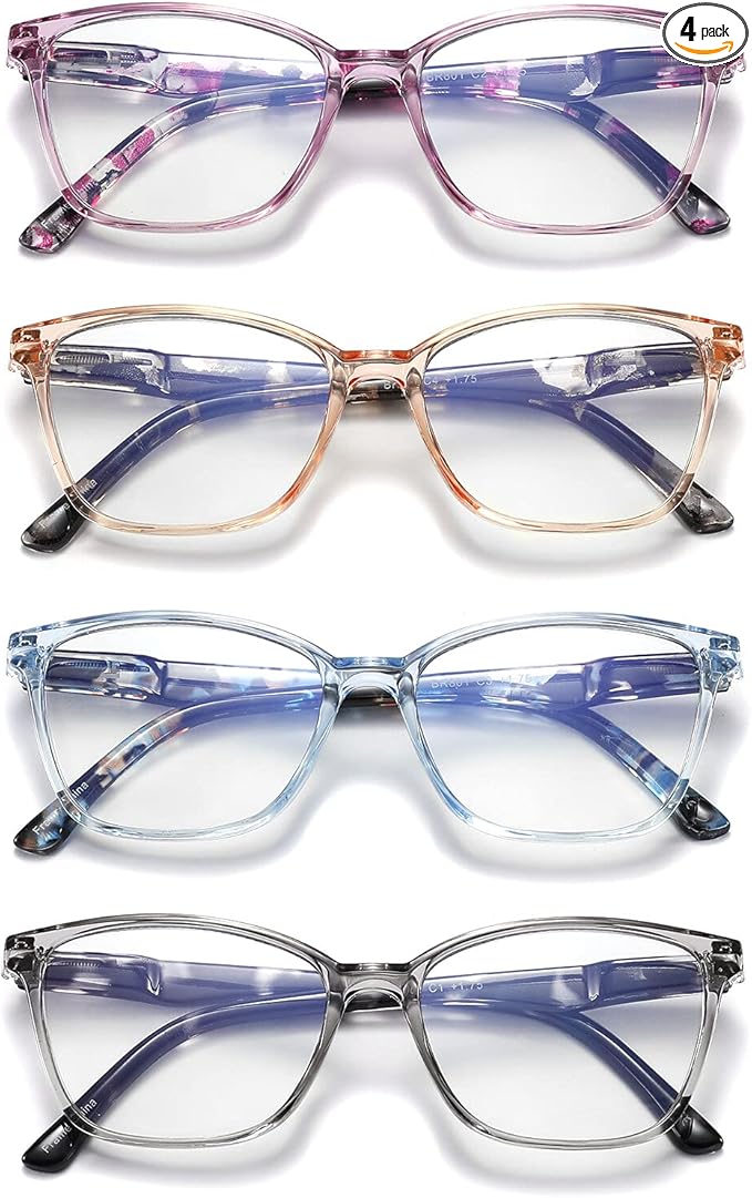 4 Pack Blue Light Blocking Glasses for Women Men,Fashion Square Computer Glasses with Spring Hinge,Anti Eyestrain Eyeglasses(0.0x)