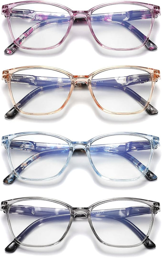 4 Pack Reading Glasses Blue Light Blocking for Women Men,Fashion Square Computer Readers with Spring Hinge,Anti Eyestrain Eyeglasses(4.0x)