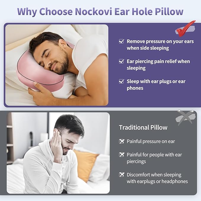 Pink Ear Piercing Pillow - Side Sleeper Support with 3.5" Ear Hole Relief, Hypoallergenic Orthopedic Pillow for Healing Piercings