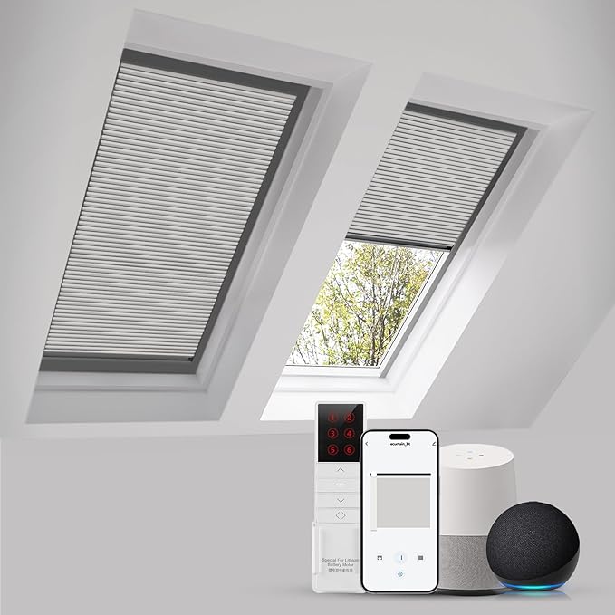 ZSTARR Motorized Skylight Shades Blackout Cellular Honeycomb Electric Blinds with Solar Panel Cordless Rechargeable with Remote for Roof and Slanted Windows Custom Size (Light Grey)