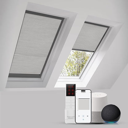 ZSTARR Motorized Skylight Shades Blackout Cellular Honeycomb Electric Blinds with Solar Panel Cordless Rechargeable with Remote for Roof and Slanted Windows Custom Size (Light Grey)