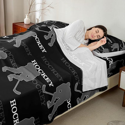 Manfei Ice Hockey Bed Sheets Full Size, Easy Wash Bedding Set,Winter Sports Modern Boys Girls Room Decor,Black Gray Sheet(Fitted+Flat+2 Pillowcases)