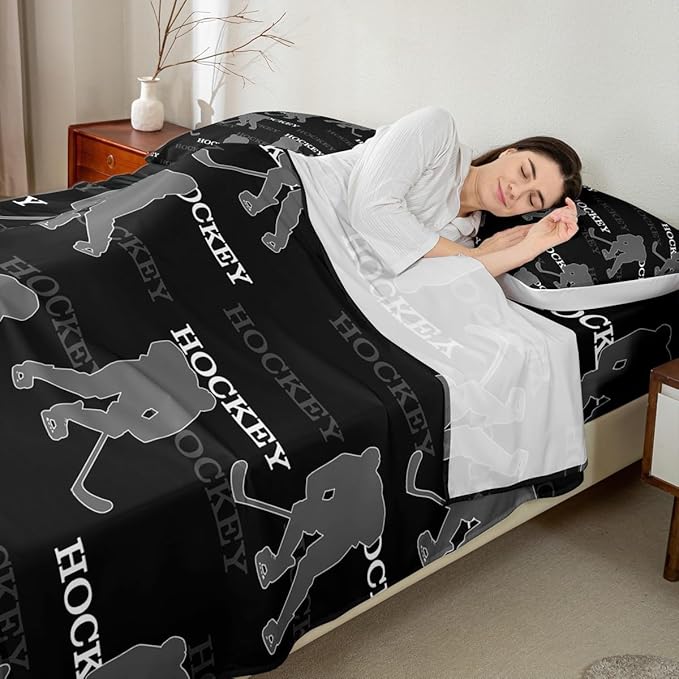 Manfei Ice Hockey Bed Sheets King Size, Bedding Set, Winter Sports Modern Kids Room Decor,Black Gray Sheet(Fitted+Flat+2 Pillowcases)