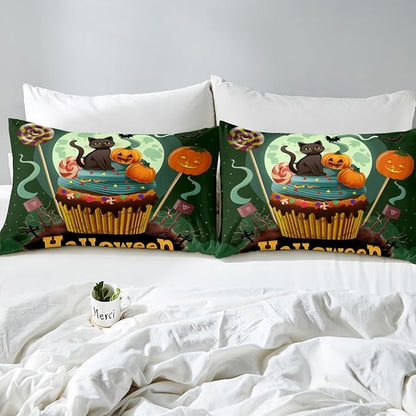 Happy Halloween Green Fitted Sheet Twin Size,Sweet Candy Pumpkin Cake Dessert Trippy Bed Sheet with 1 Pillowcase,Glitter Moon Mystic Bat Cat Animal Soft Decorative Fabric Bedding,Room Gift