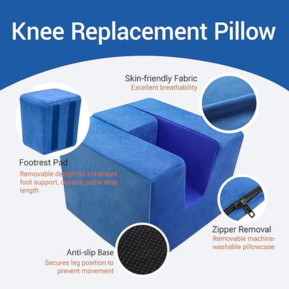 Anti-Roll Knee Replacement Pillow for Post-Surgery Stability, U-Shaped Leg Elevator Stabilizer for ACL, Hip & Ankle Recovery - Foam Support with Detachable Footrest for Swelling Relief & 0° Extension