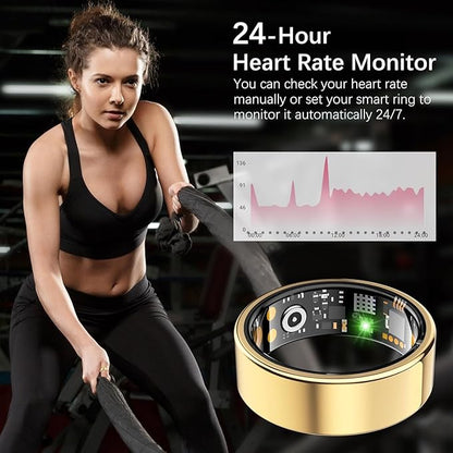 Ring Health Tracker for Women Men, Fit Ring with Heart Rate, Blood Oxygen, Sleep Monitor, Calories, Step Counter, IP68 Waterproof Smart Ring for iPhone & Android, No Subscription Fee (Gold, 8#)