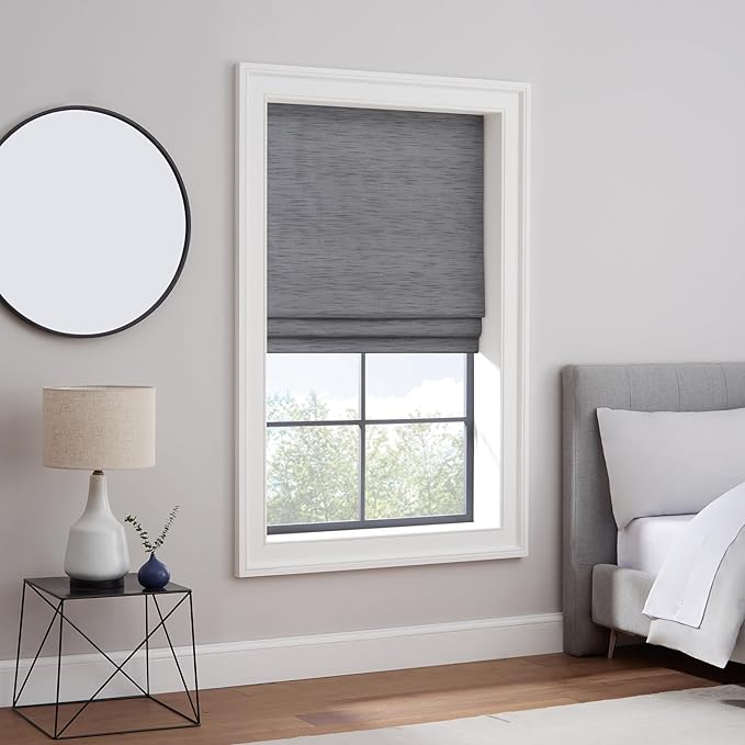 Eclipse Rozel 100% Blackout Window Roman Shade, 31 in Wide x 64 in Long, Cordless, Thermal and Noise Reducing Interior Shade Window Treatment for Home Privacy & Energy-Efficiency, Charcoal