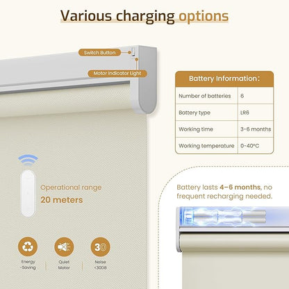 Grandekor Motorized Blinds with Remote Control, Blackout Roller Shade Electric Shades Cordless Smart Blinds for Bedroom Living Room Office,Cream,W46xH72