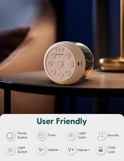 Babelio Pocket Glow White Noise Sound Machine - Upgraded 7 Color Night Lights, 20 Non-Looping Sounds, Timer & Memory Function, Portable for Adults & Babies, Black