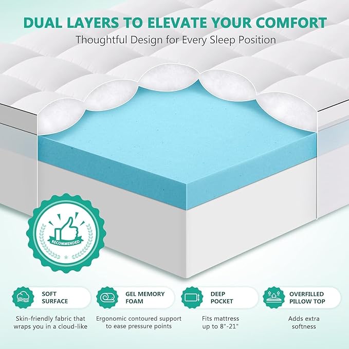 Dual Layer 4 Inch Memory Foam Mattress Topper King Size - 2 Inch Cooling Gel Memory Foam Plus 2 Inch Pillow Top Thick Mattress Pad - Pressure-Relieving Comfort