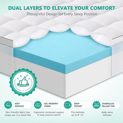 Dual Layer 4 Inch Memory Foam Mattress Topper King Size - 2 Inch Cooling Gel Memory Foam Plus 2 Inch Pillow Top Thick Mattress Pad - Pressure-Relieving Comfort
