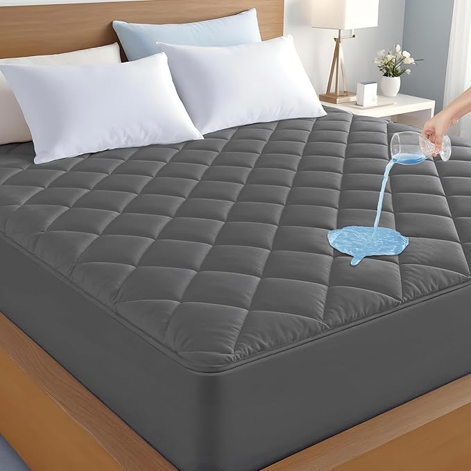 LUX Décor King Mattress Pad - Quilted Elastic Fitted Mattress Cover Protector Upto 16 Inches Deep Pocket - Soft Breathable Noiseless Mattress Topper (Grey “78 X 80”)